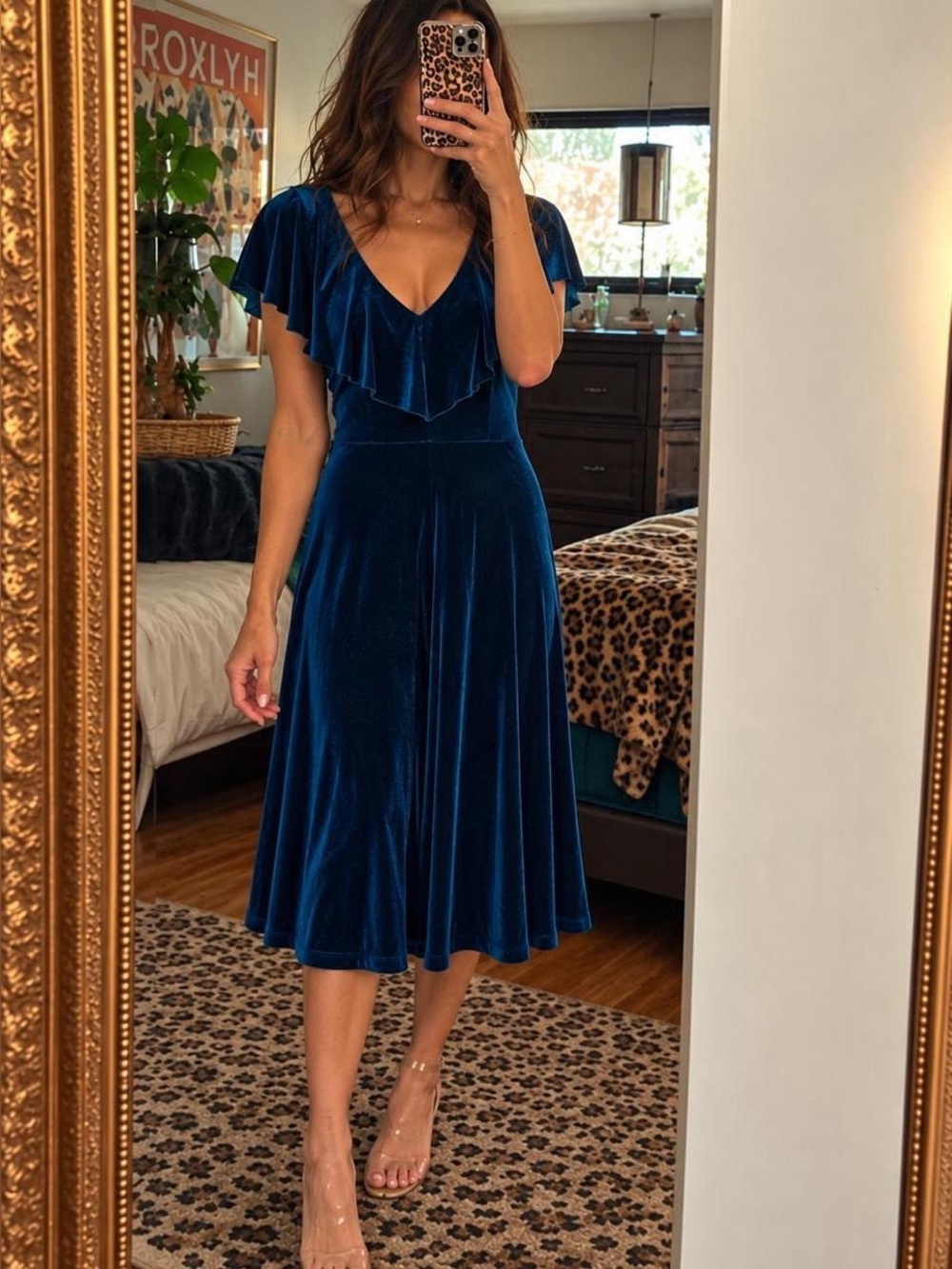 June & Hudson Teal Blue Velvet Ruffle Midi Dress Size S